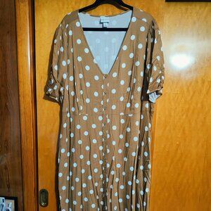 Women's Short Sleeve Button-Front Midi A-Line Dress - Ava & Viv™ Brown Polka Dot